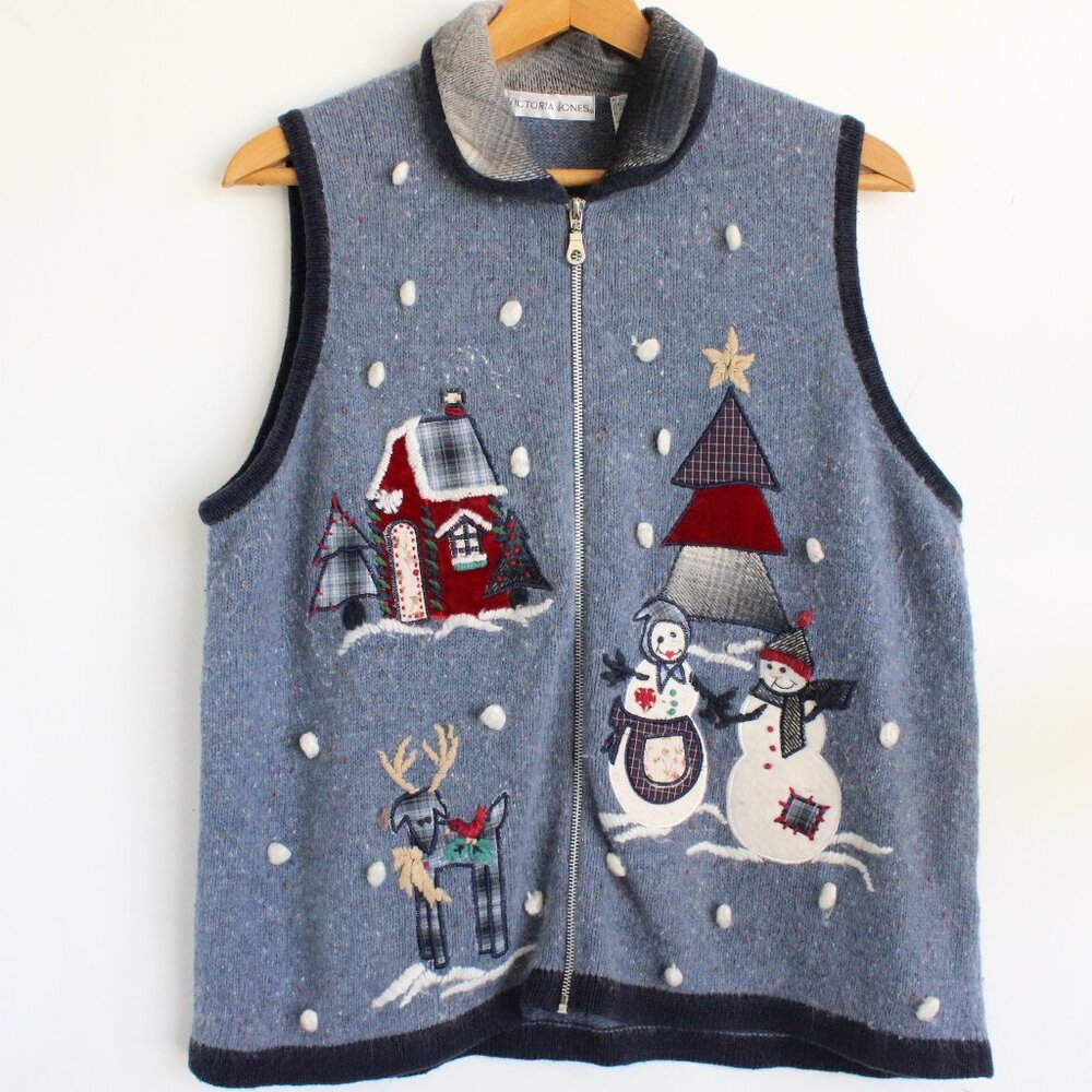 Victoria Jones Christmas Holiday Sweater Vest Snowman Reindeer Cottage VTG Sz L